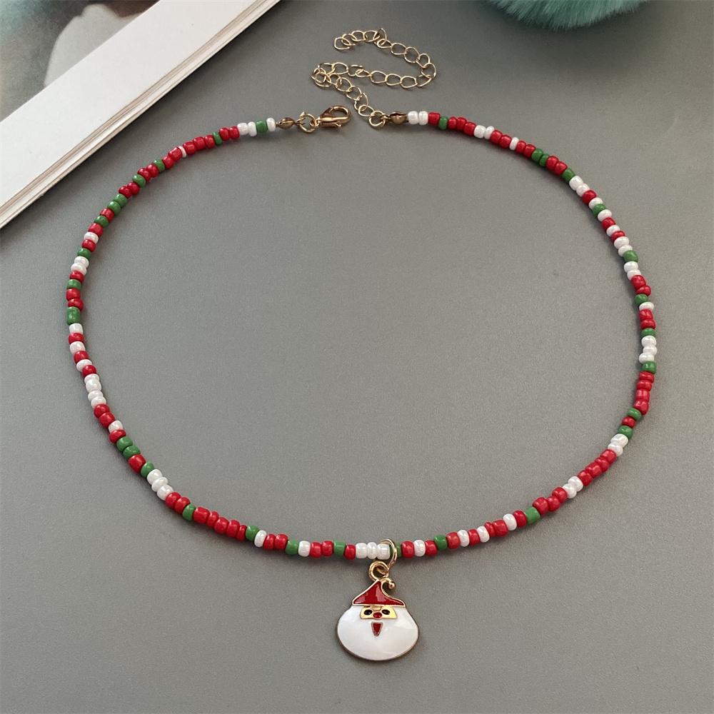 Christmas Necklaces for Women Girls Handmade Rice Beads X'mas Tree Santa Claus Snowman Gift Necklace Pendant New Year Jewelry