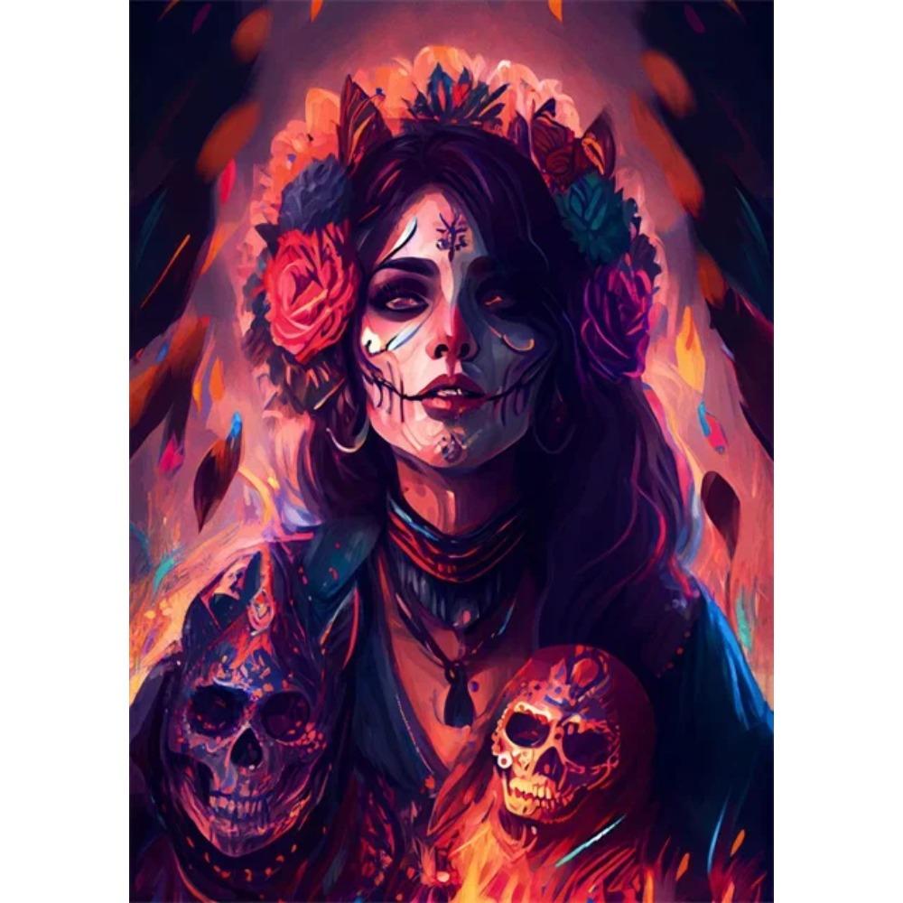 Festive and Mysterious Mexican Girl Day of Dead Gothic Sugar Skulls Canvas Painting Posters Prints Wall Art Picture Home Decor