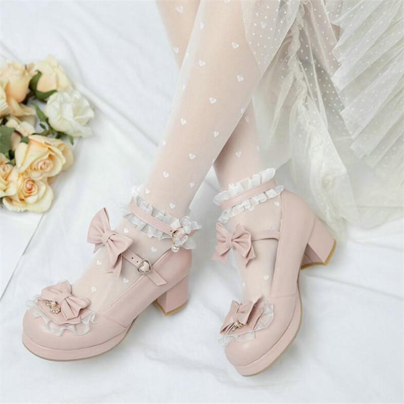 Girls' Shoes Ladies Heels Platform Cute Bow Lace Princess Mary Jane Lolita Shoes Party High Heel Buckle Women Pumps Pink 30-43