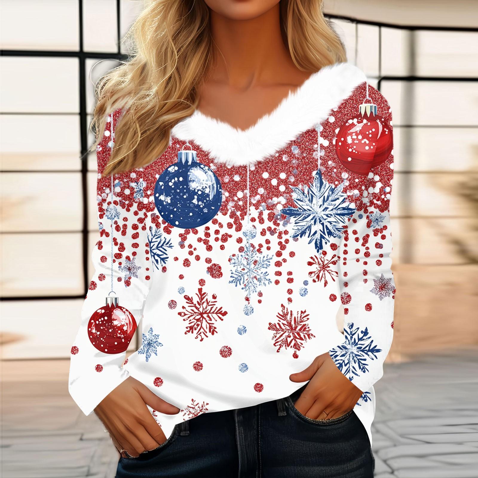 

Женский длинный рукав рождественский принт вечеринка плюшевый воротник широкий повседневный V-образный вырез топ XL белый