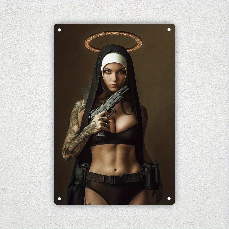 

Nun Style Funny Metal Wall Art Waterproof Dustproof Iron Decor for Home Bar Garage Kitchen Vintage Gift for Men W 20x30cm