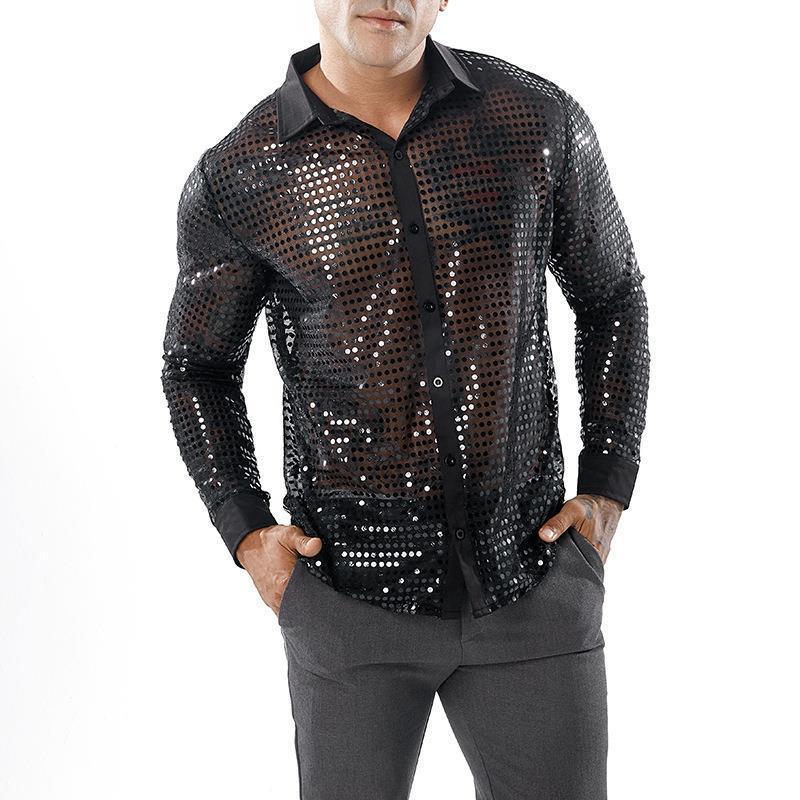 Fashion Men's Sparkly Sequins Party Dance Shirts Retro Disco Nightclub Shirt Single Breasted Performance Clothin