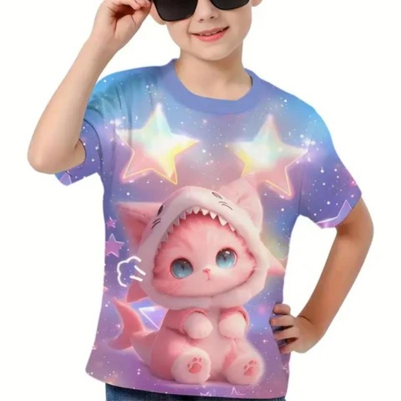T-shirts Mignons Multicolores Tie Dye à Imprimé Chatons Dessin Animé pour Enfants Filles T-shirt Tendance Doux et Confortable