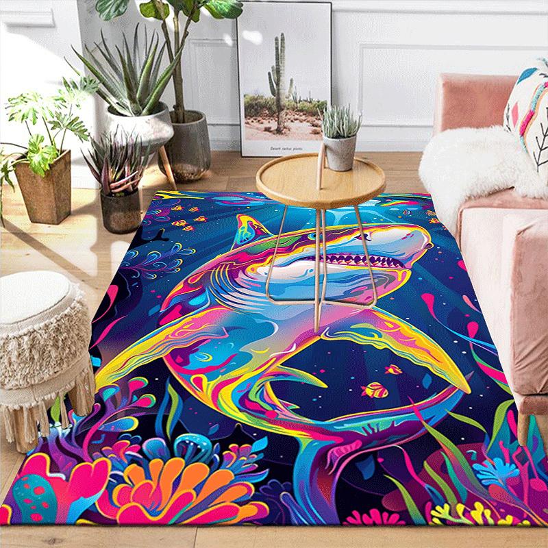 1pc Colorful shark Design Area Rug - Soft, Anti-Slip, and Durable Gaming Room Decor for Bedroom