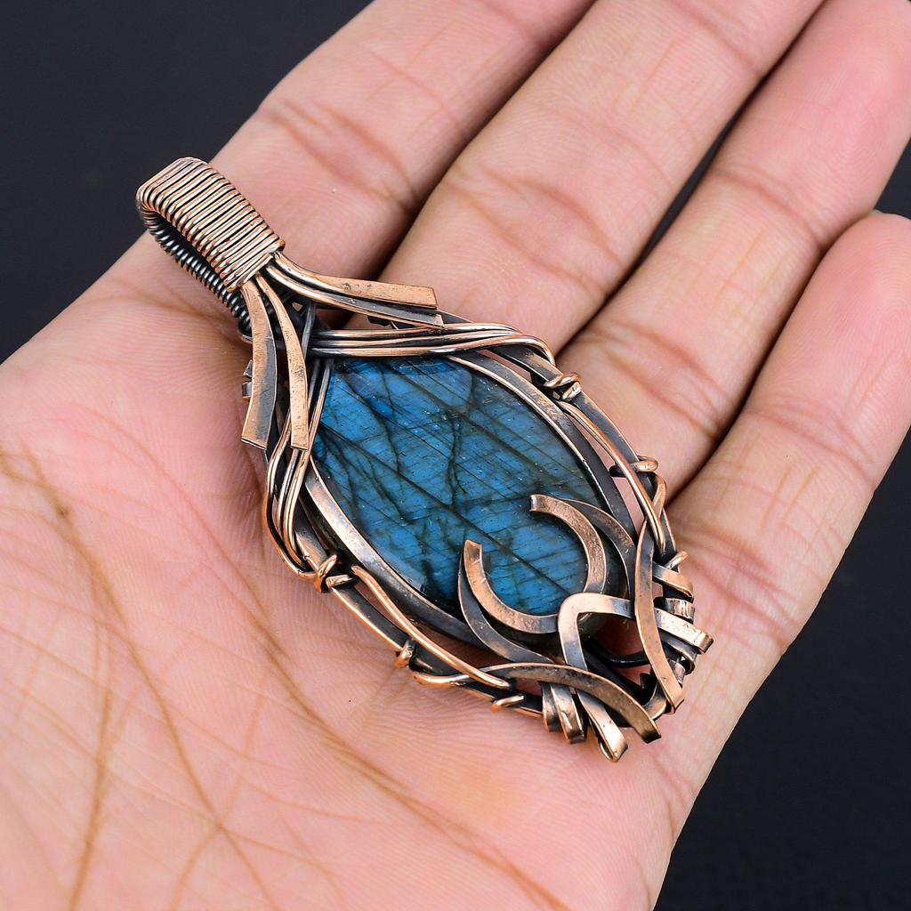 Labradorite Pendant, Handmade Gemstone 999 Copper Wire Wrapped Pendant Antique Jewelry, For Gift Silver Jewelry