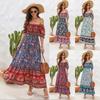 Abito midi da donna Boho per vacanze al mare, con spalle scoperte e maniche a sbuffo