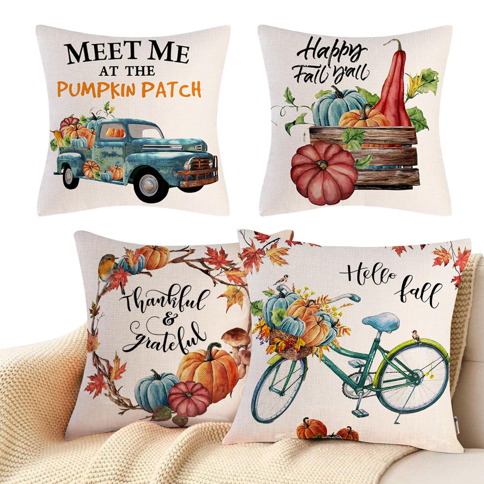 Fall Throw Pillow Covers 4Pcs Pumpkin Linen Pillow Covers For Thanksgiving Soft Comfortable Cushion Covers Decorative For Sofa