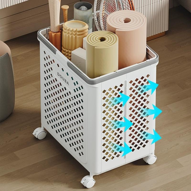 Foldable Storage Basket, Small Plastic Laundry Basket with Wheels and Handles, Space-saving Rolling Basket