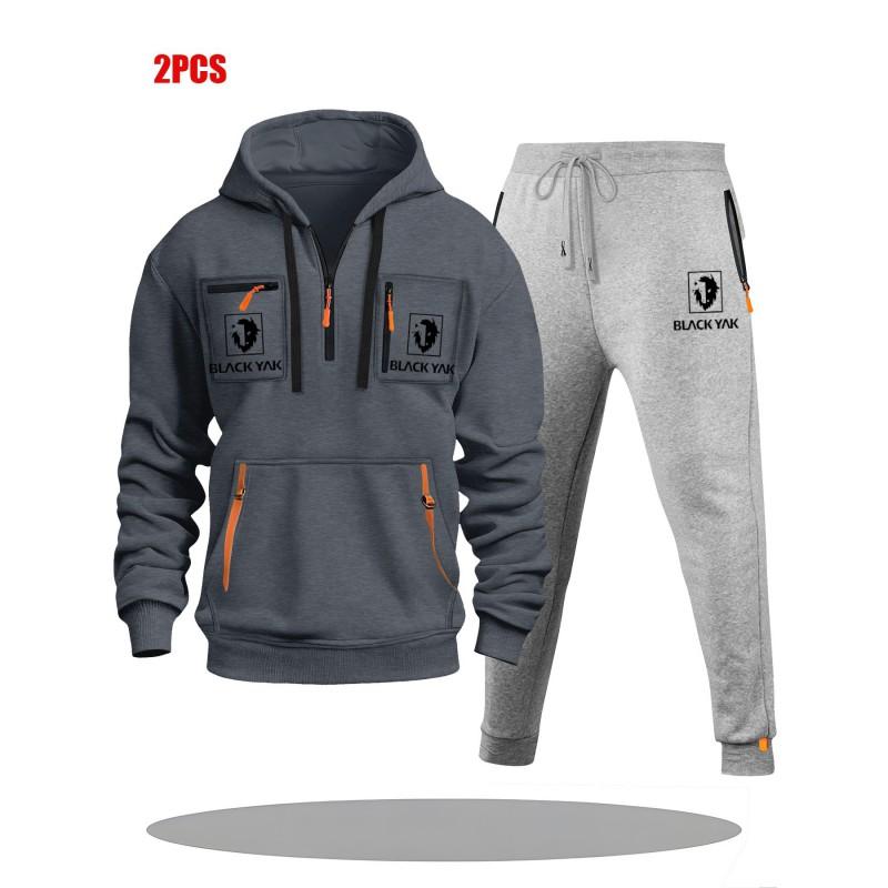 Mens Hoodie Sweatshirt Set Solid Color Multi-Zipper Pockets Casual Wear