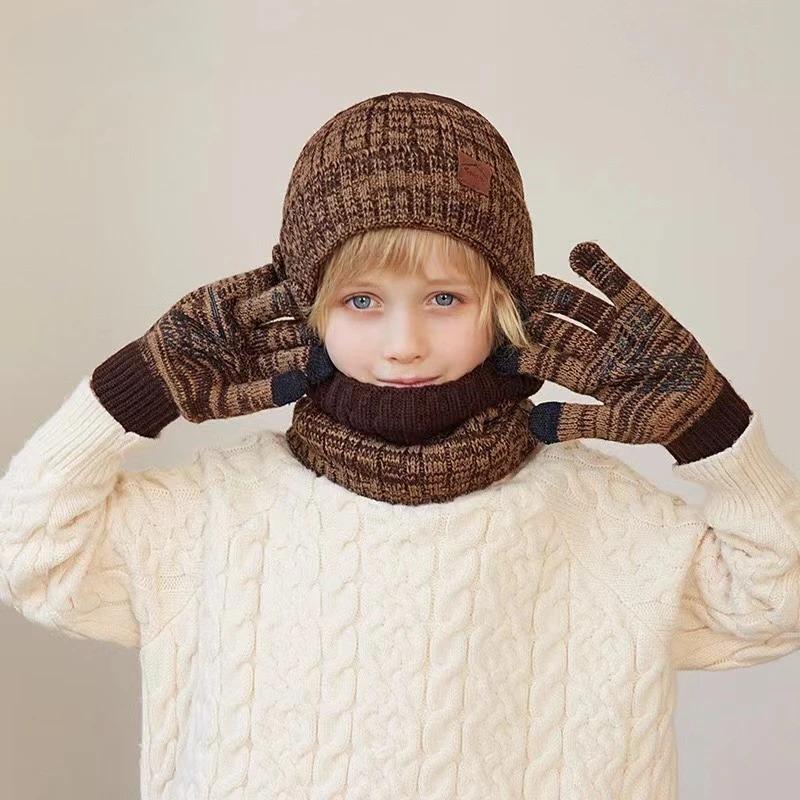 Children Winter Hat Scarf Gloves Set Knitted Kids Beanie Scarves Non Slip Telefingers Gloves Child Cap for Girls Boys