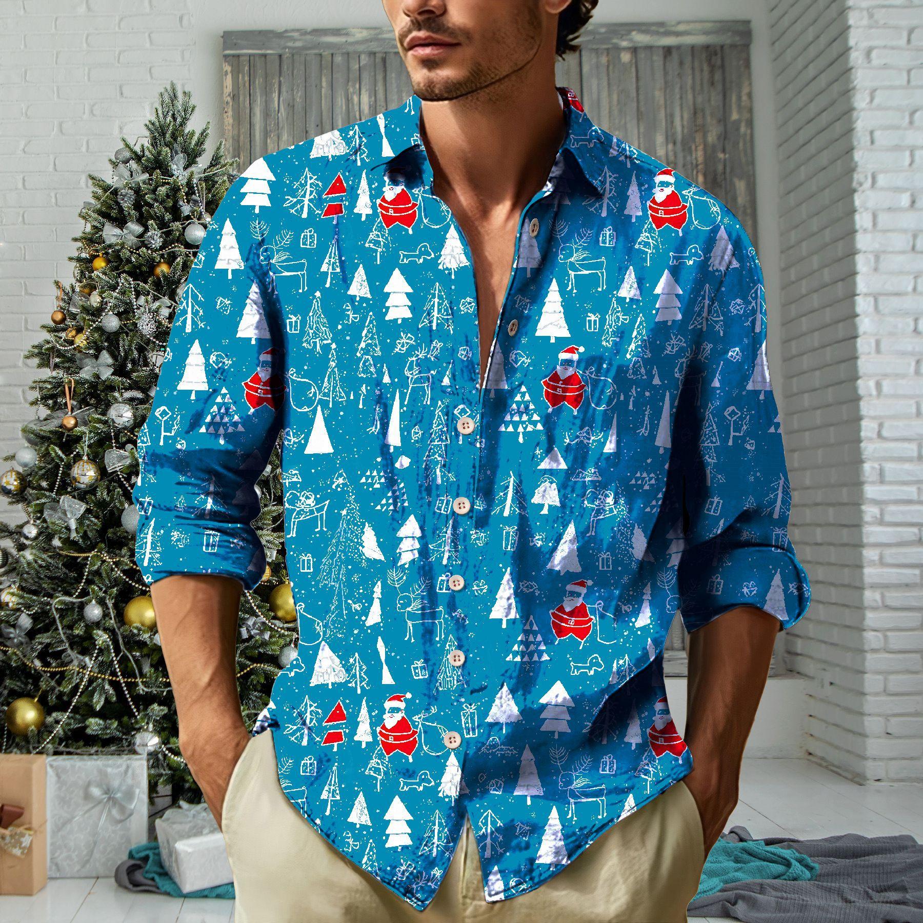 

Мужская повседневная рубашка с длинным рукавом и принтом на лацканах XXXL синий