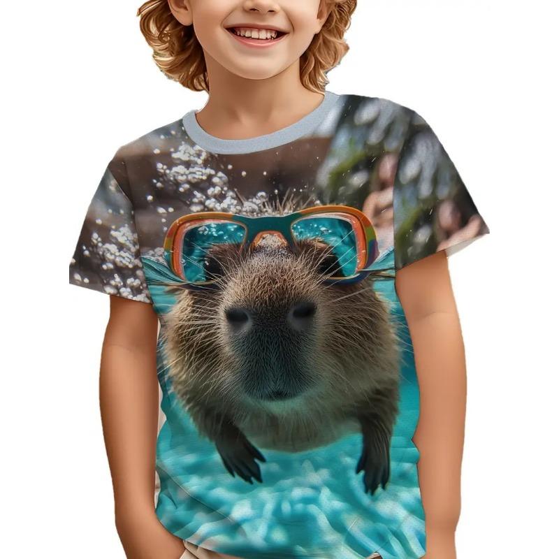 Nowa Koszulka z Krótkim Rękawem ze Zwierzętami Śliczny Nadruk ze Wzorem Kapibary Szybkoschnąca Koszulka z Okrągłym Dekoltem Casualowa Koszulka z Kreskówką dla Dzieci