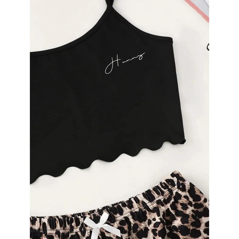 Women's Pajamas Set Sexy Lingerie Leopard Print Sling Sleepwear V-Neck Sleeveless Top and Shorts Sets Pyjamas Homewear