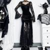 GlowGirl AltGoth Aesthetic Gothic Midi Dress Women Vintage Elagnt Lace Patchwork See Through Flare Sleeve High Waist Clubwear Dress Femme
