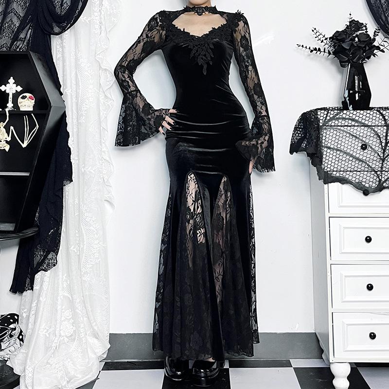 GlowGirl AltGoth Aesthetic Gothic Midi Dress Women Vintage Elagnt Lace Patchwork See Through Flare Sleeve High Waist Clubwear Dress Femme