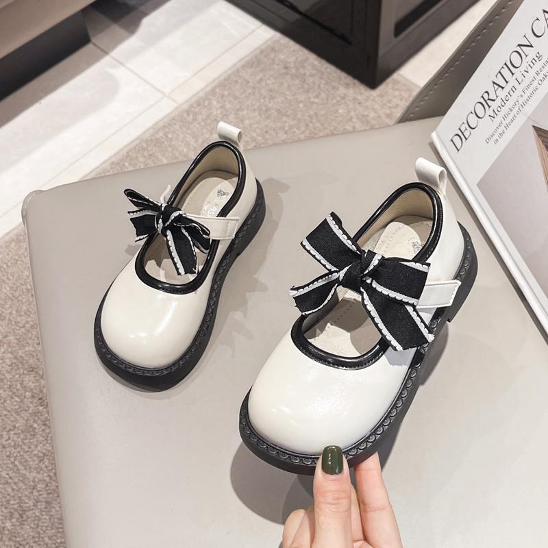 2024 New Girls Leather Shoes Simple Non-slip Bow Round-toe Versatile Soft Elegant Korean Style Kids Princess Loafers Soft Spring