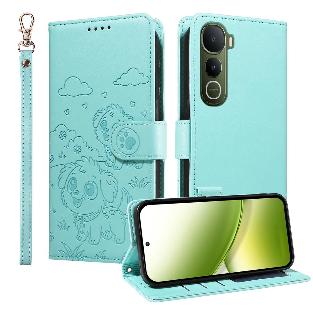 For vivo Y400 5G Case RFID Blocking Imprinted Dog Pattern PU Leather Phone Cover with Wrist Strap