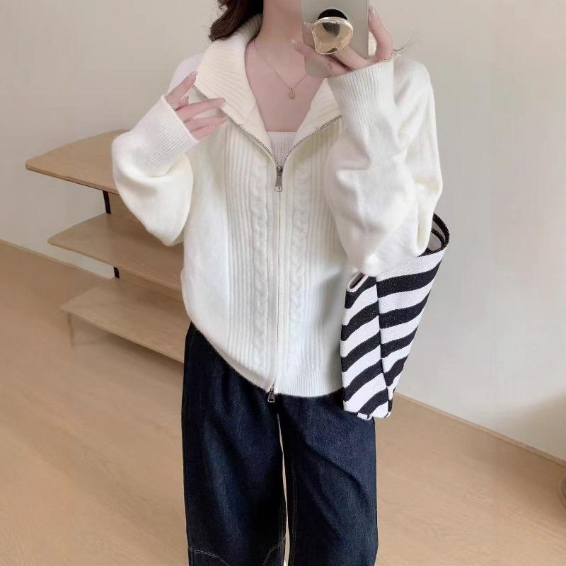 New twist woven stand-up collar double zipper design sense solid color versatile loose cardigan jacket women