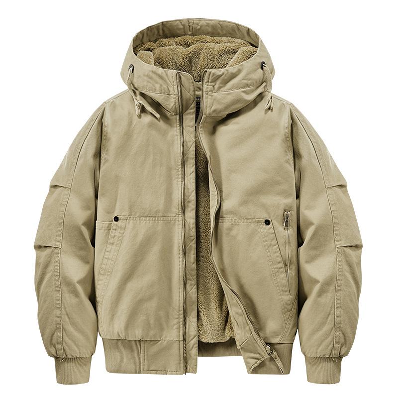 Jacket Men's Autumn and Winter Fleece Thickened Functional Washed Tooling Top Loose Large Size Cotton Hooded Jacket