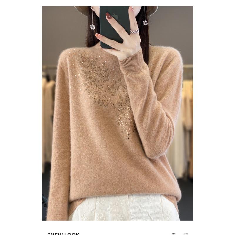 Women S Half Turtleneck Rhinestone Knitted Sweater Long Sleeve Base Layer