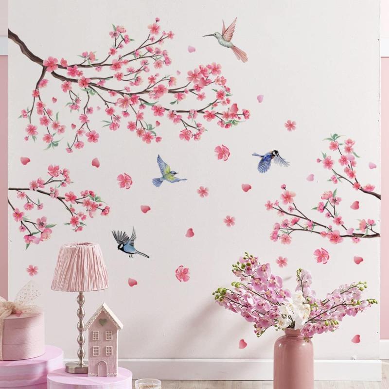 Large Cherry Blossom Wall Stickers Pink Flowers Tree Branch Birds Floral Blossom Wall Decals for Living Room Sofa TV Background