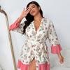 Spring and Autumn New Floral Printed Nightgown Women's Loose Large Size V-neck Lace-up Long-sleeved European and American Loungewear Morning Gown 