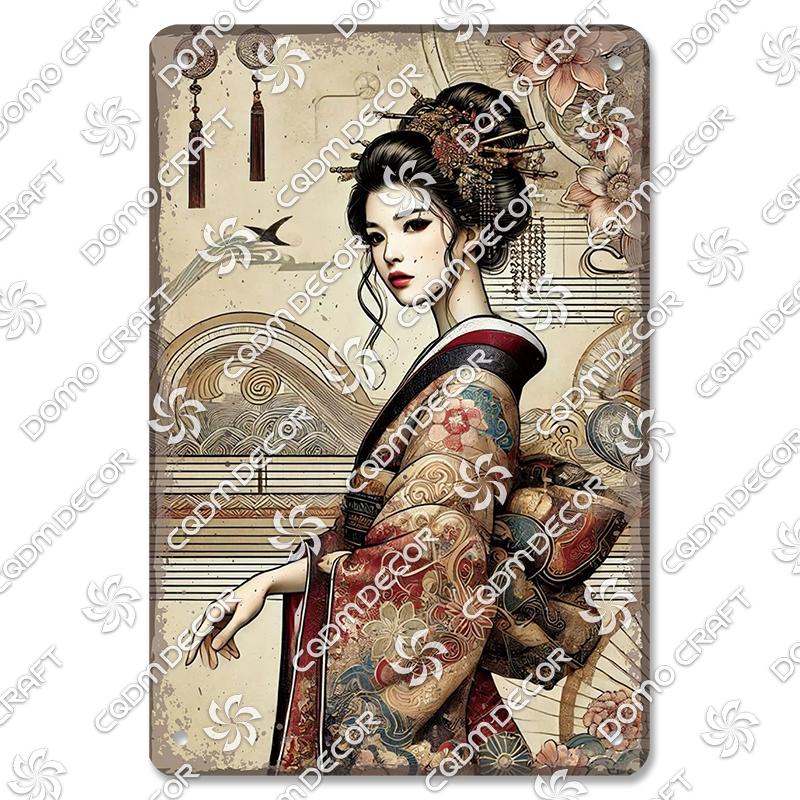 Retro Japanischer Stil Poster Metall Blechschilder Kimono Schönheiten Japanischer Samurai Vintage Metallplatte Wanddeko Club Bar Man Cave