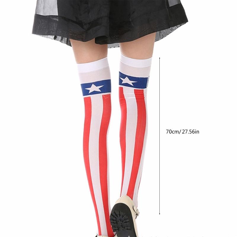 Women American Flag Star Striped Printed Over Knee Long Socks Thigh High Stockings for Independence Day Cosplay Costume