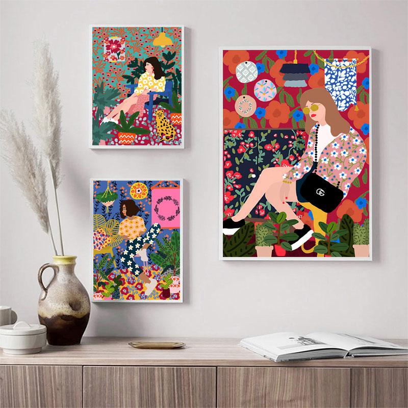 Tropical Colorful Girl Car Flower Koala Leopard Wall Art Malba na plátně Plakáty a obrazy Nástěnné obrazy pro dekoraci obývacího pokoje Bez rámu