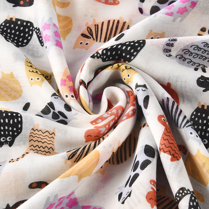 Korean New Long-tail Cat Printed Bali Yarn Long Scarf Spring and Summer Versatile Cotton and Linen Fashion Scarf Travel Thin Shawl