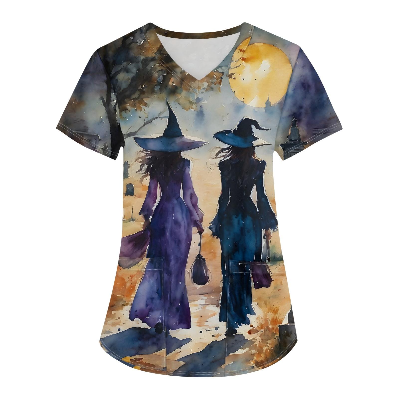 

Женская рабочая униформа с принтом ведьмы на Хэллоуин, рабочая форма с v-образным вырезом и карманами, защитная рабочая форма XXXL жёлтый