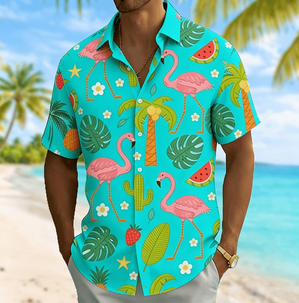 Men's Flamingo & Fruit Plant Print Short Sleeve Shirt, Spring Summer Fun Vacation Turn-Down Collar Blouse, Loose Casual Top