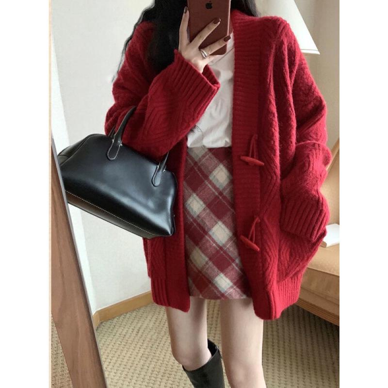 Women’s V-Neck Mid-Length Knit Cardigan - Loose Fit for Spring & Autumn