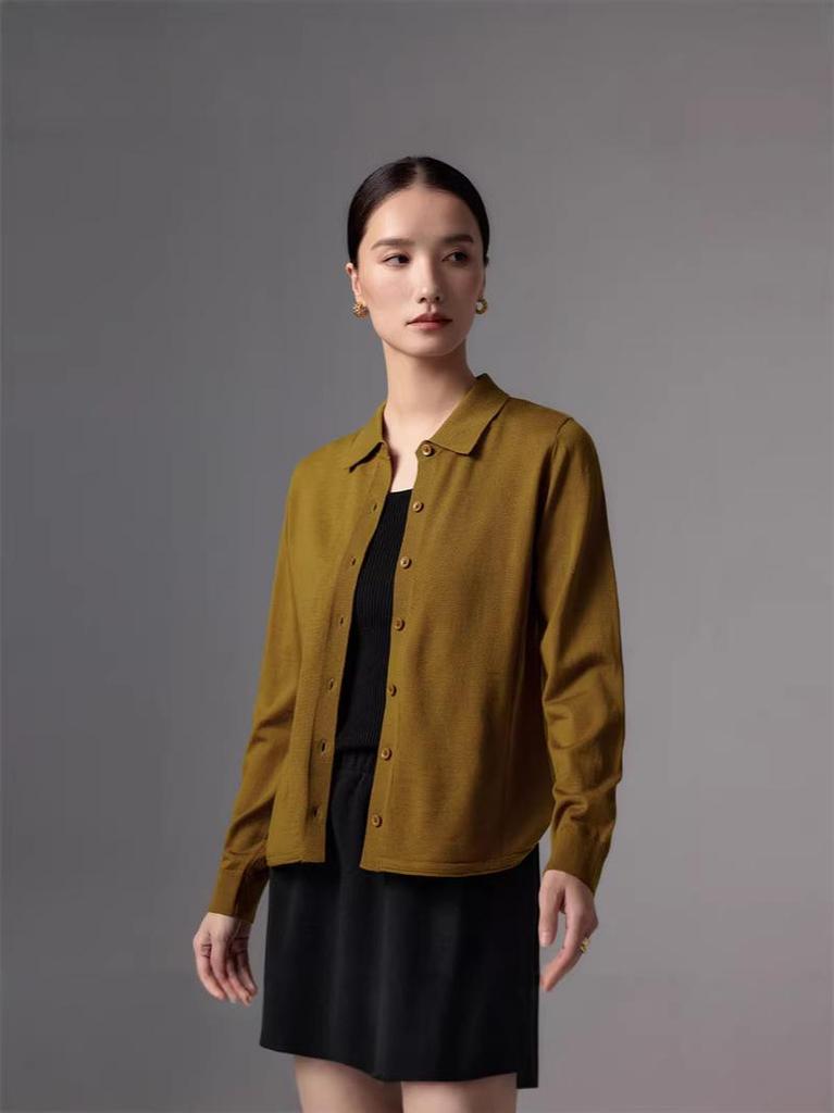 Women's High-End 48s Yangzi Fine Wool Cardigan, Solid Color, POLO Lapel Knit Jacket, Casual Spring/Autumn Style.