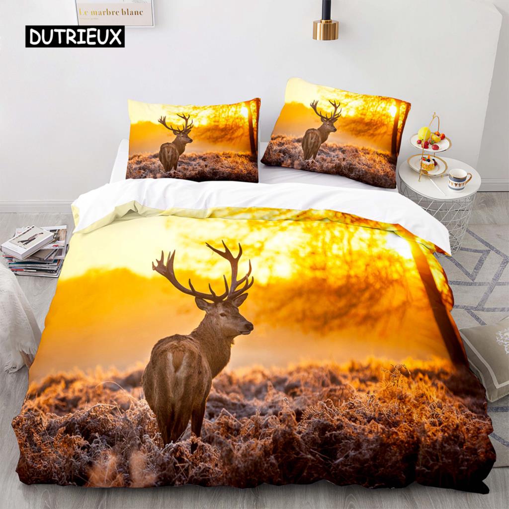 Bettbezug mit Hirschmotiv, 3D-Sonnenuntergang, Elch-Bettwäscheset für Kinder und Mädchen, weicher Mikrofaser-Bettbezug mit Reißverschluss