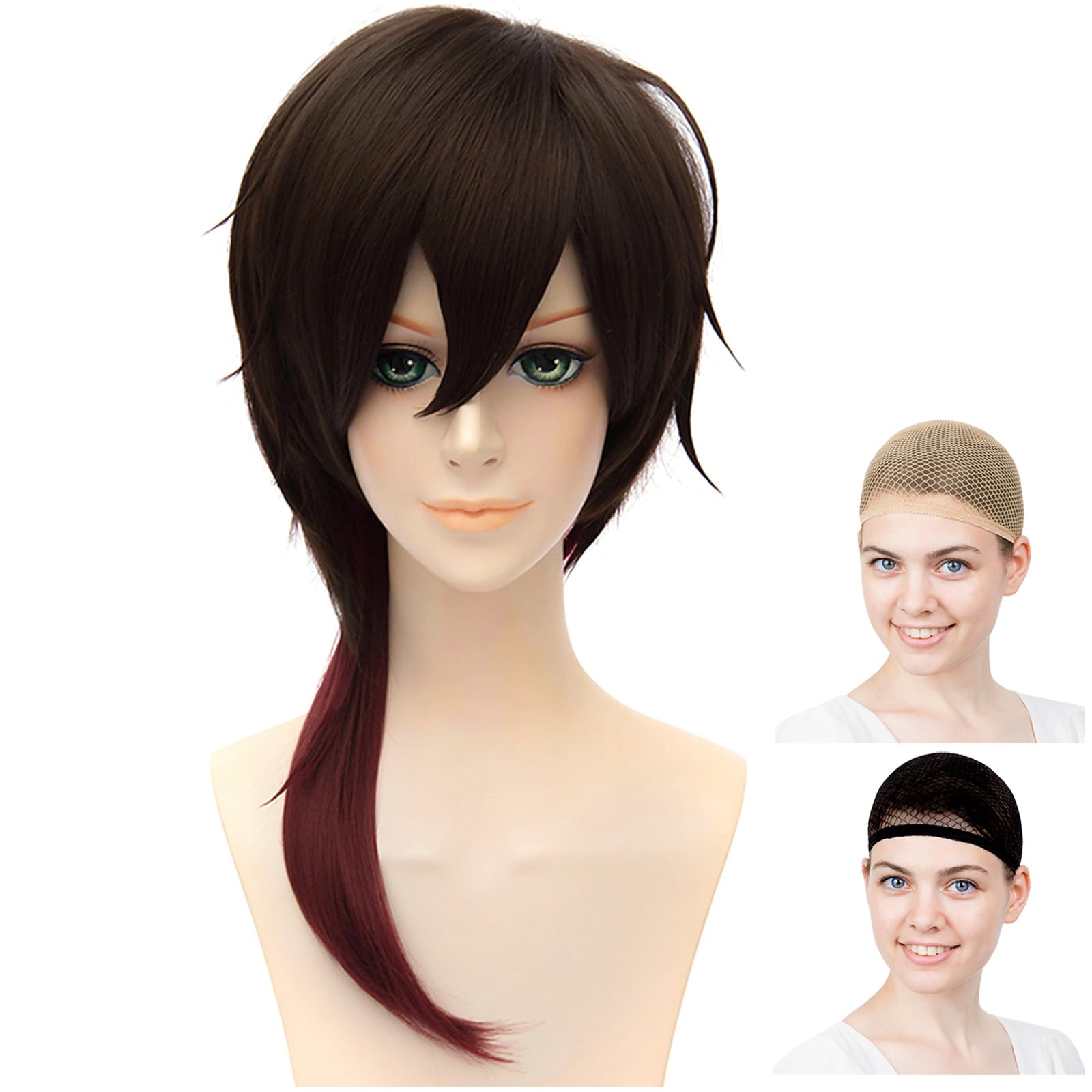 CaseEden Cosplay Wig, Full Wig, Heat Resistant, Short, Dark Brown/Red Gradient, Brown WIG5356