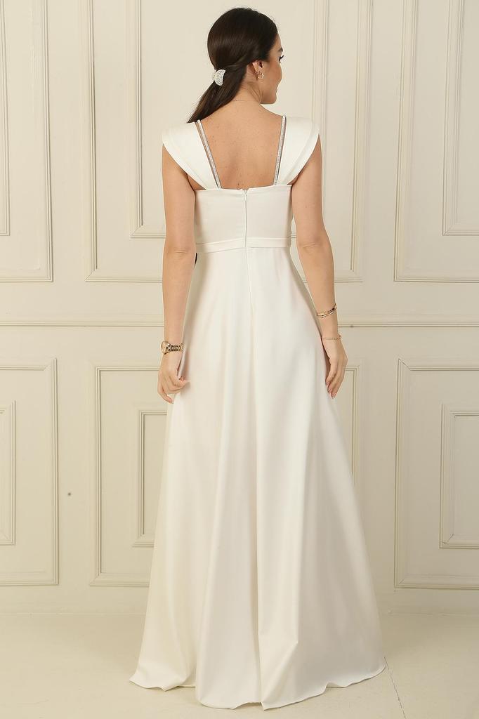 Askılı Taş Detaylı Kare Yaka Astarlı Uzun Saten Elbise