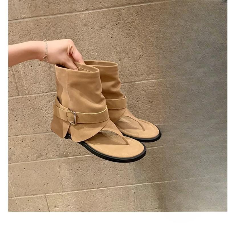 

Новый стиль женской обуви с круглым носком, пряжками и ботинками до середины икры для ношения на улице 40 хаки