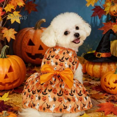 Kleines Hunde-Kostüm Halloween-Kleid, Kürbis-Fledermaus-Print Haustier mit oranger Schleife, Süßes Hunde-Outfit für Hunde, Halloween-Party-Geschenk Herbst