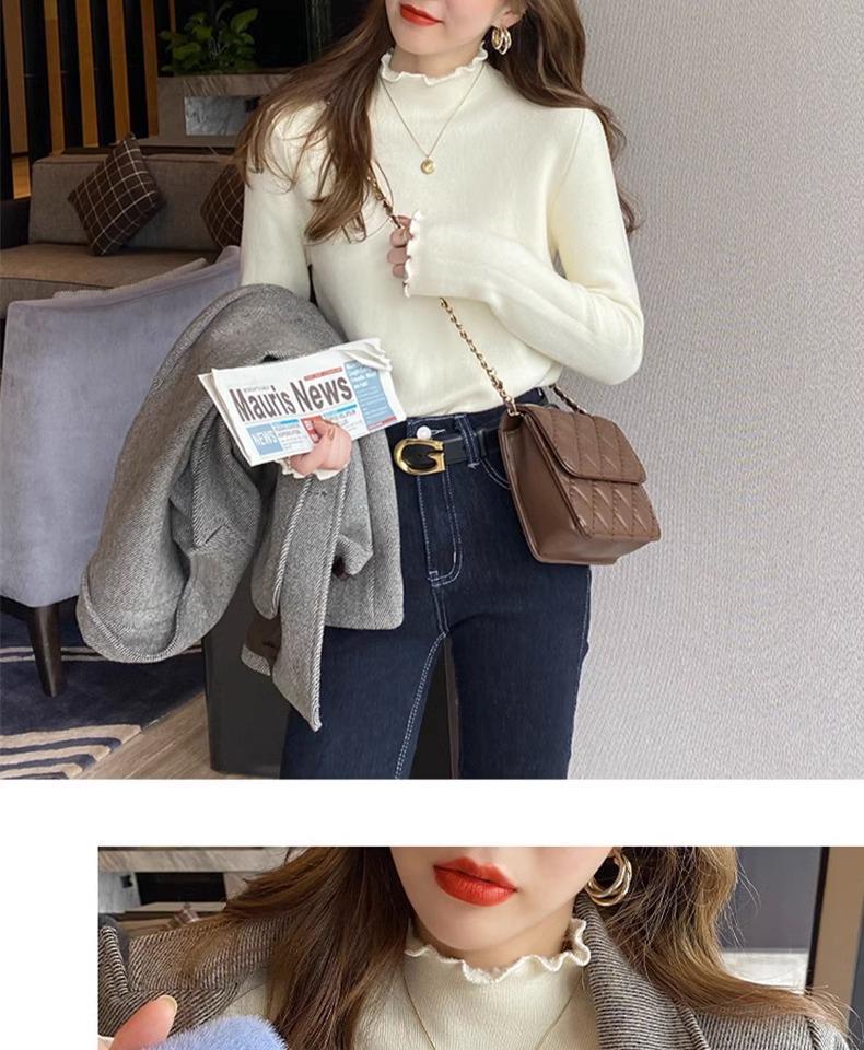 Women's Fleece-Lined Slim-Fit Pullover Sweater: Half-High Collar, Autumn/Winter Base Layer, Hot Item