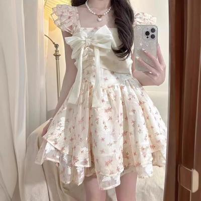 Petite Princess Floral Puff Sleeve Bow Dress