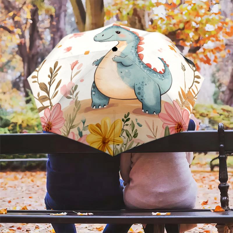 Flower Dinosaur  pattern, automatic folding umbrella, portable and foldable design, 8 ribs, a Christmas or birthday gift.