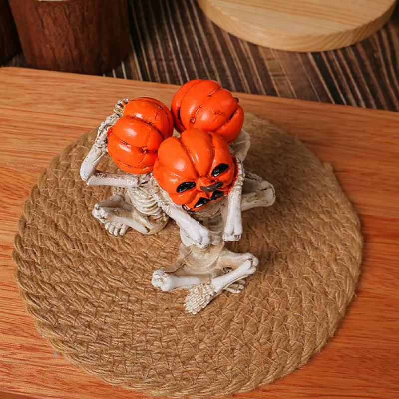 Halloween Pumpkin Skull Statue – Unique Spooky Home Decor Accessory – Frightening Doll for Shelf, Mantle or Entryway Decoration