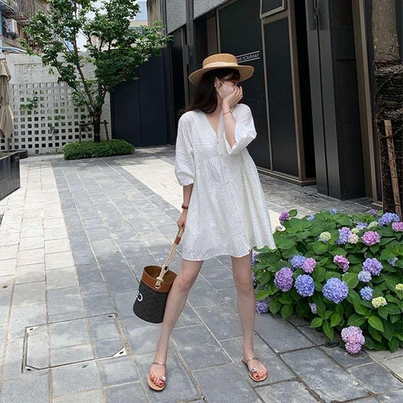 

Crocheted White Dress Women s Summer New French Style Fancy Puff Sleeves V-neck Hollow Embroider A- line Girl s Dress Women White S