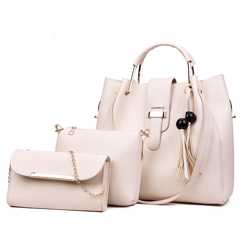 Women's bag diagonal span new solid color fashion beads fringed three-piece set, mother and child bag, portable shoulder messenger bag