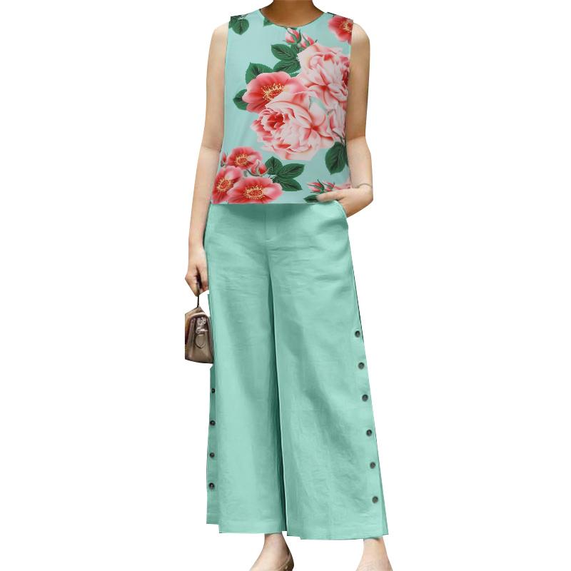 

Летние повседневные комплекты из двух предметов: майки и брюки с цветочным принтом ZANZEA S зелёный