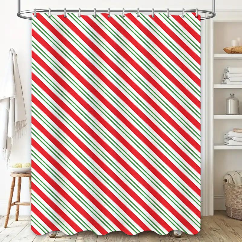 Festive Christmas Stripes: Red, White, And Green Diagonal Pattern Shower Curtain For A Joyful Holiday Bathroom Dcor