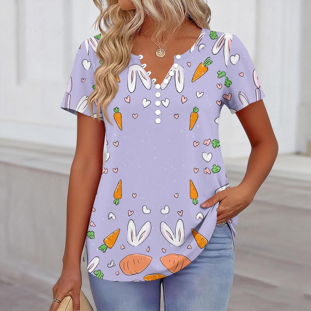 Women’s Short Sleeve V Neck T Shirt with Bunny and Floral Print Casual Loose Fit Soft Comfortable Top for Daily Wear