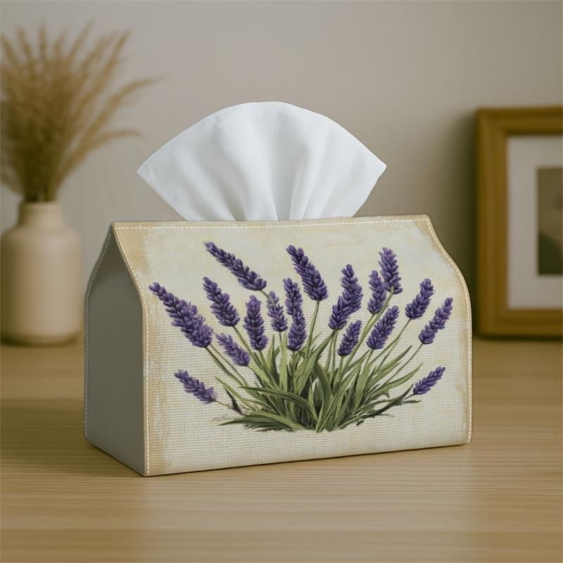 1pc Vintage Botanical Natural Tissue Box Cover,Lavender Flower Watercolor High-Quality,Waterproof,Durable,Lightweight,Foldable Storage,Ideal for Livin