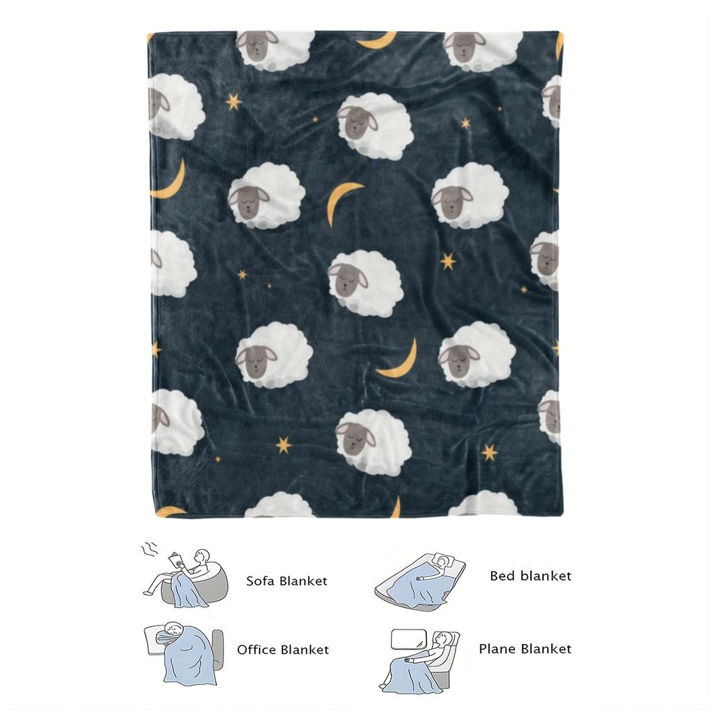 Cozy Dreamy Lamb Print Flannel Blanket - Soft Polyester, Whimsical Sheep & Moon Design, Machine Washable, Perfect Gift for
